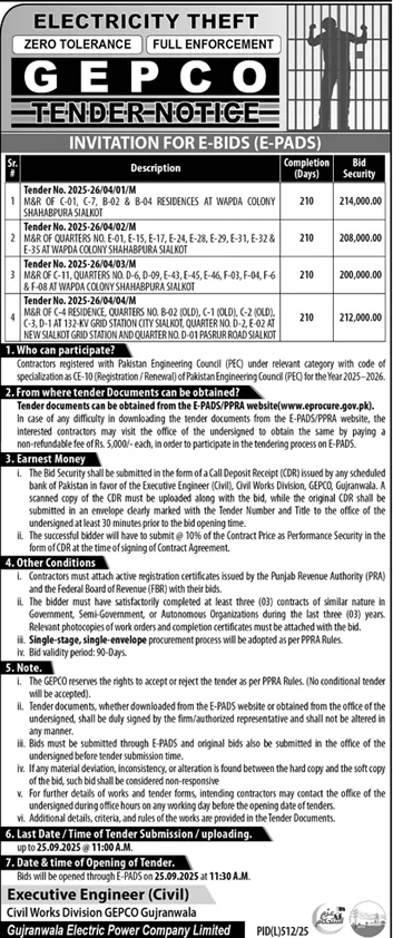 GEPCO Gujranwala Tender Notice